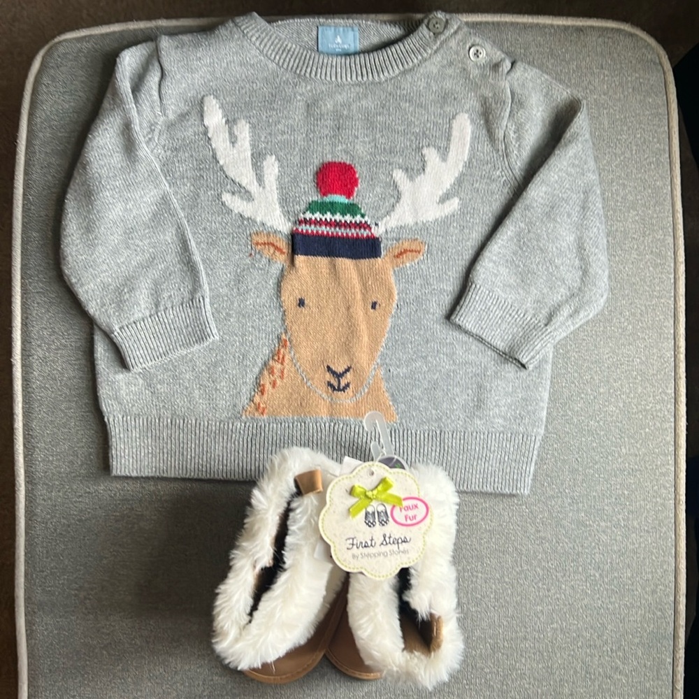 NWT 9-12M Boots + 6-12M Baby Gap Reindeer Holiday Sweater